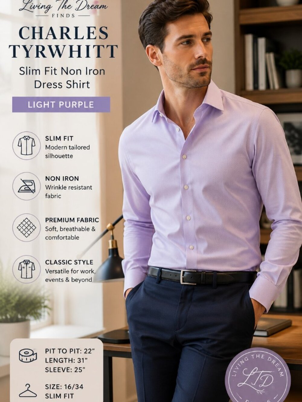 Charles Tyrwhitt Men's Dress Shirt 16 34 Slim Fit Purple Non Iron Long Sleeve